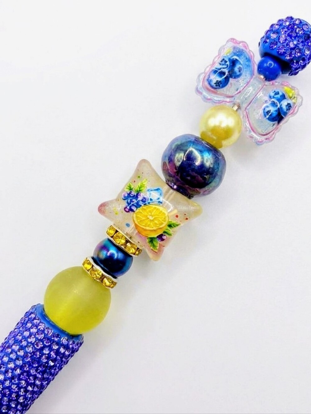 Handcrafted Blueberry Lemon Sparkling Rhinestone Beaded Decorative Office Pen - Picture 3 of 4
